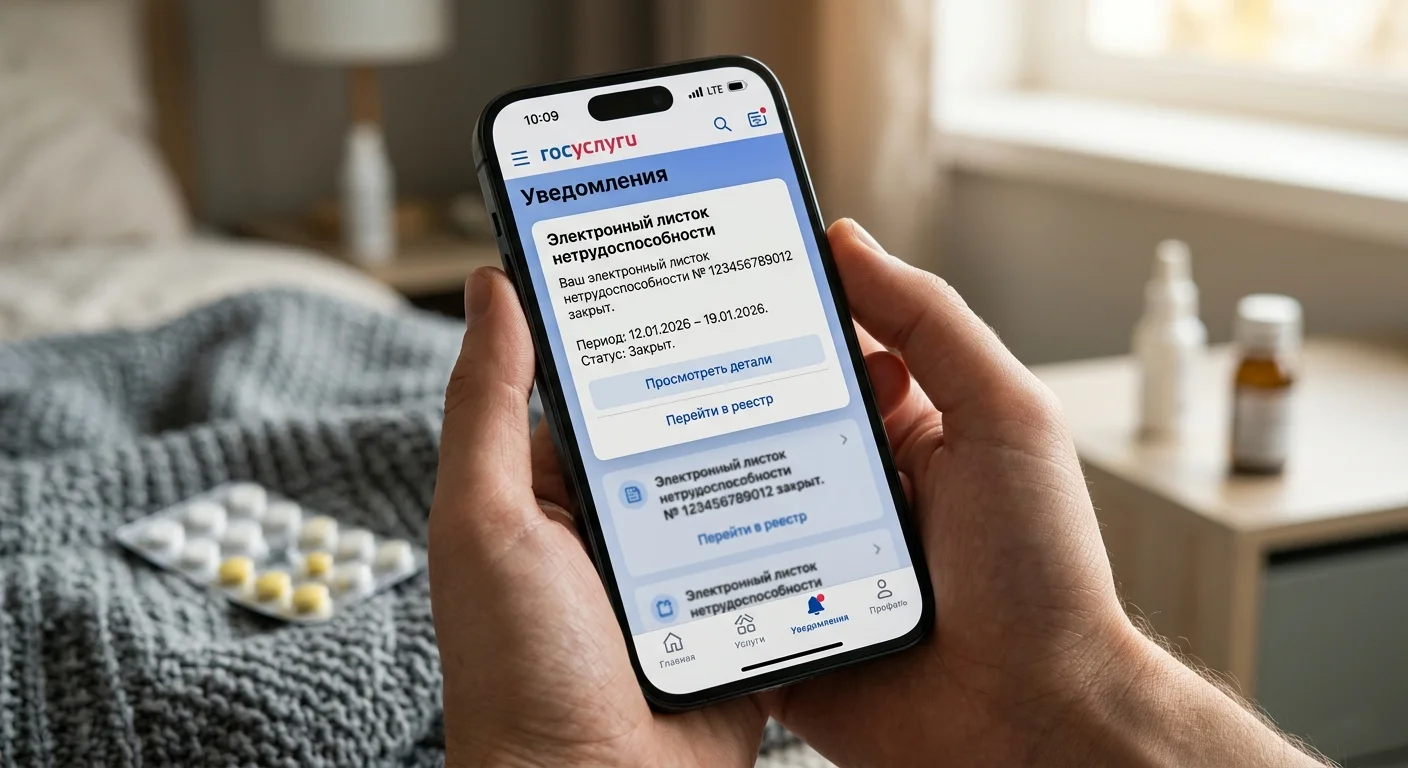 &nbsp;Уведомление о закрытии электронного листка нетрудоспособности на экране смартфона через приложение Госуслуг — именно так в 2026 году работник узнаёт об открытии прямой выплаты от СФР.