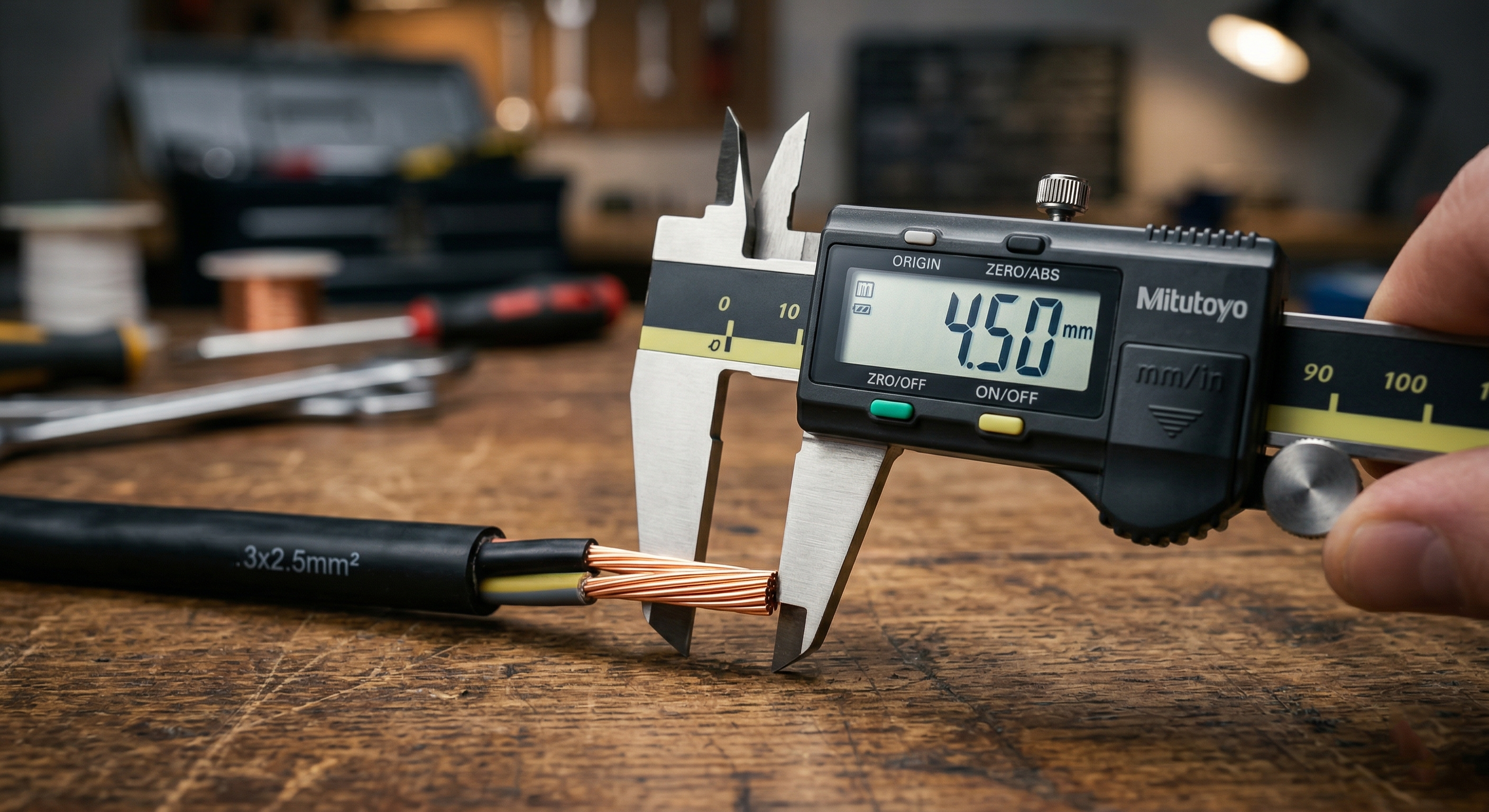 Проверка сечения медной жилы кабеля ВВГнг-LS с помощью штангенциркуля перед началом электромонтажных работ.