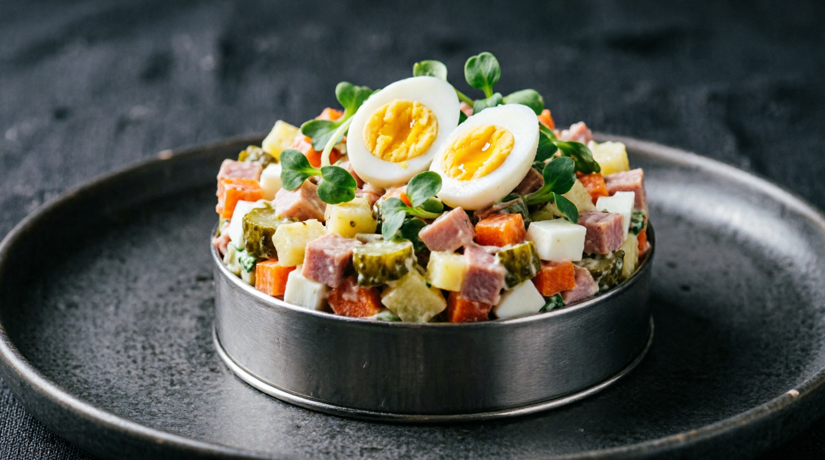 Ресторанная подача салата оливье через порционное кольцо с ростбифом и заправкой из домашнего майонеза провансаль.