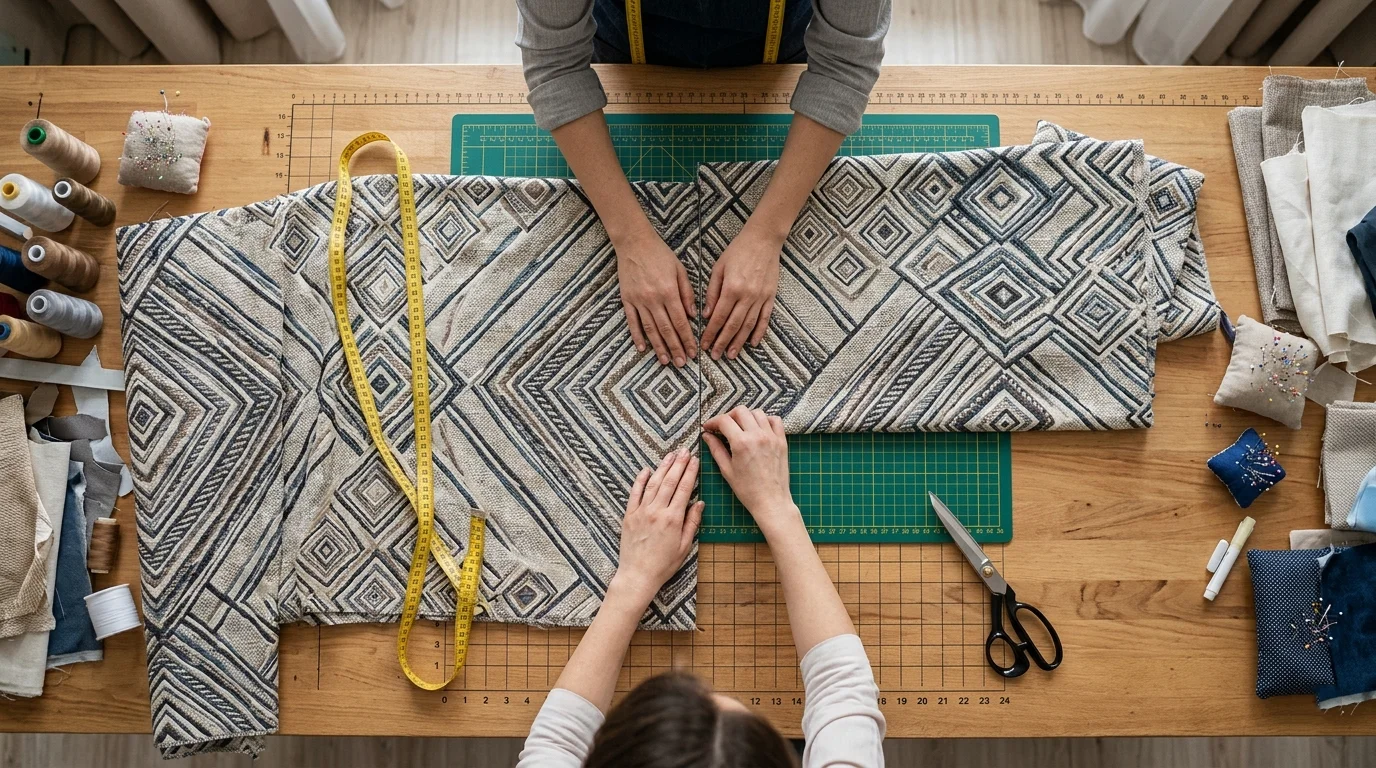 Раскрой портьерных тканей с геометрическим паттерном требует обязательного запаса на раппорт для совмещения рисунка.