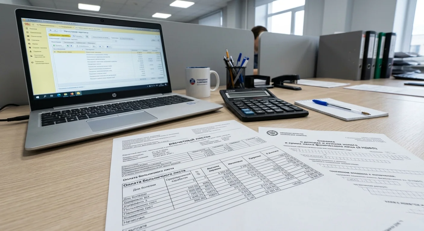 Рабочий стол бухгалтера: расчётный лист по больничному с разбивкой на период за счёт работодателя (первые 3 дня) и выплату СФР, справка 2-НДФЛ и таблица предельных баз страховых взносов на 2024–2025 годы.