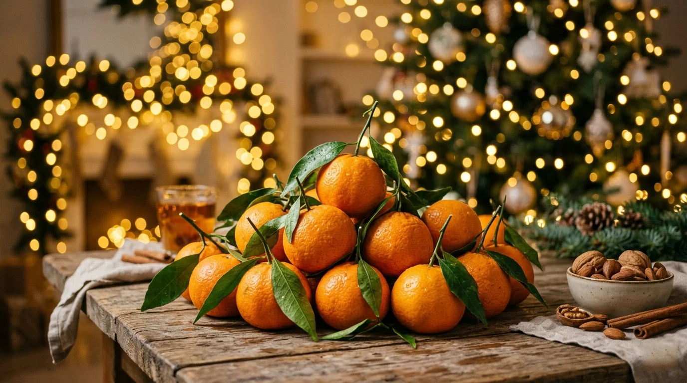 Свежие сочные мандарины создают новогоднее настроение благодаря высокому содержанию эфирных масел в пористой кожуре