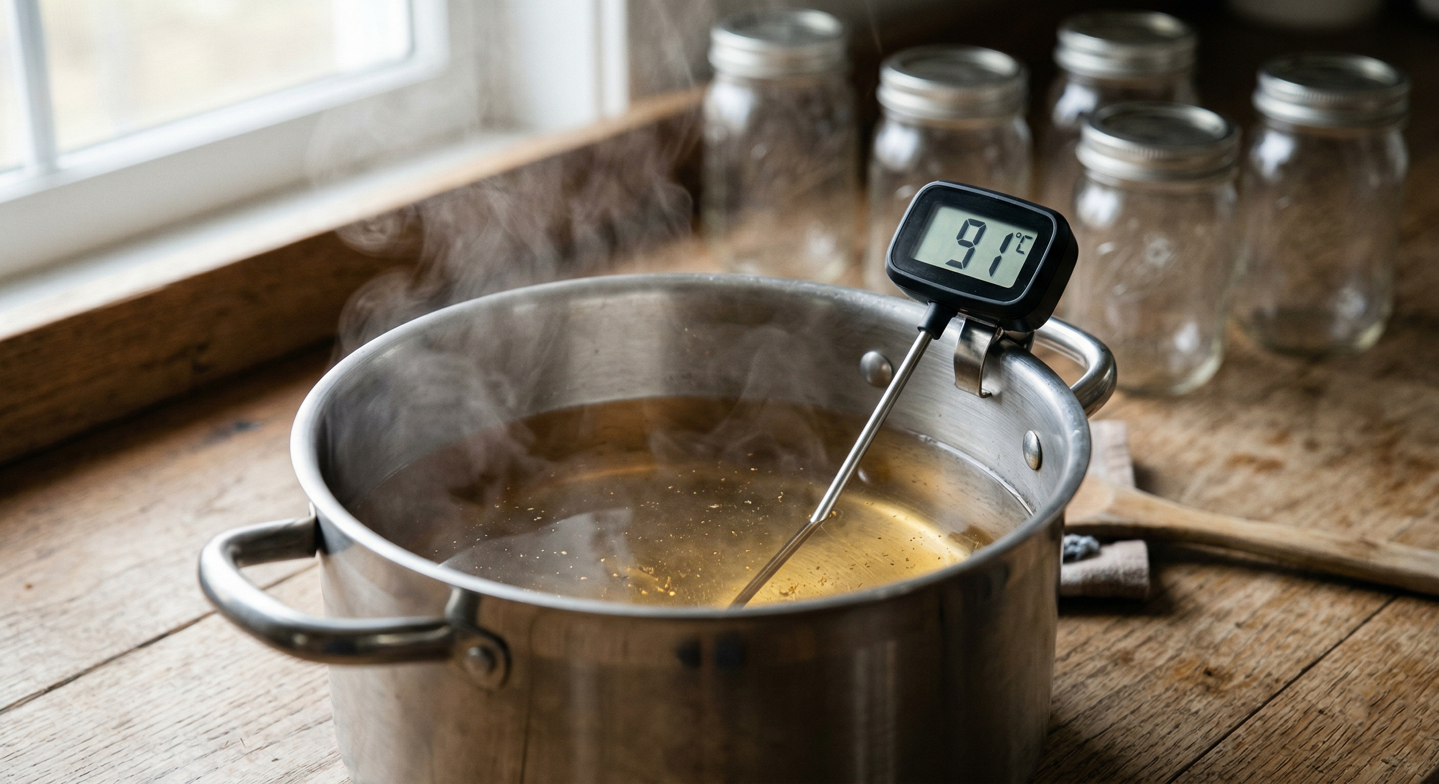 Контроль температуры пастеризации берёзового сока — 91°C на термометре гарантирует безопасность без потери аромата.