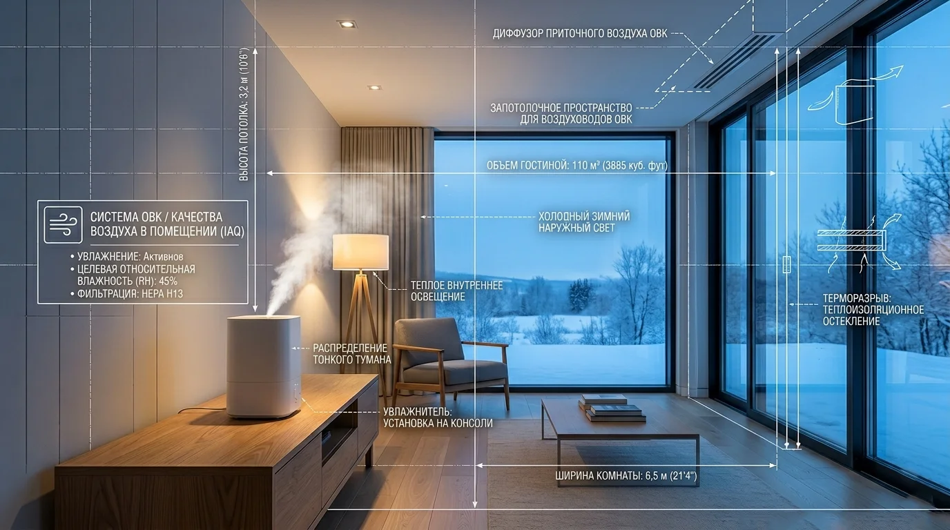 Эффективность увлажнителя зависит не от площади пола, а от общего объёма кубометров воздуха в помещении и высоты потолков.