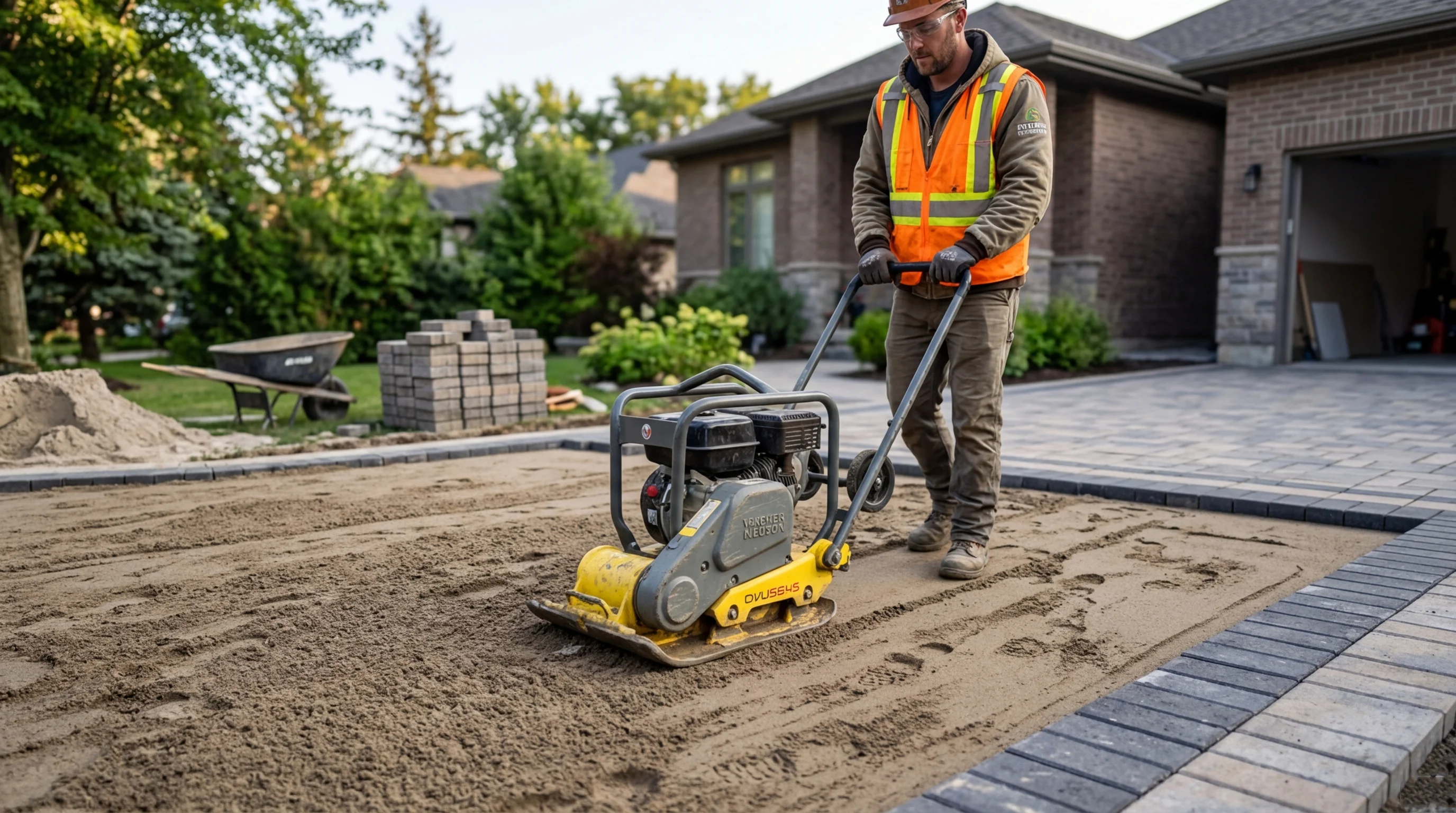 Трамбовка песчаной подушки виброплитой — обязательный этап перед укладкой брусчатки. Без уплотнения коэффициент усадки не учтён, слой теряет несущую способность.