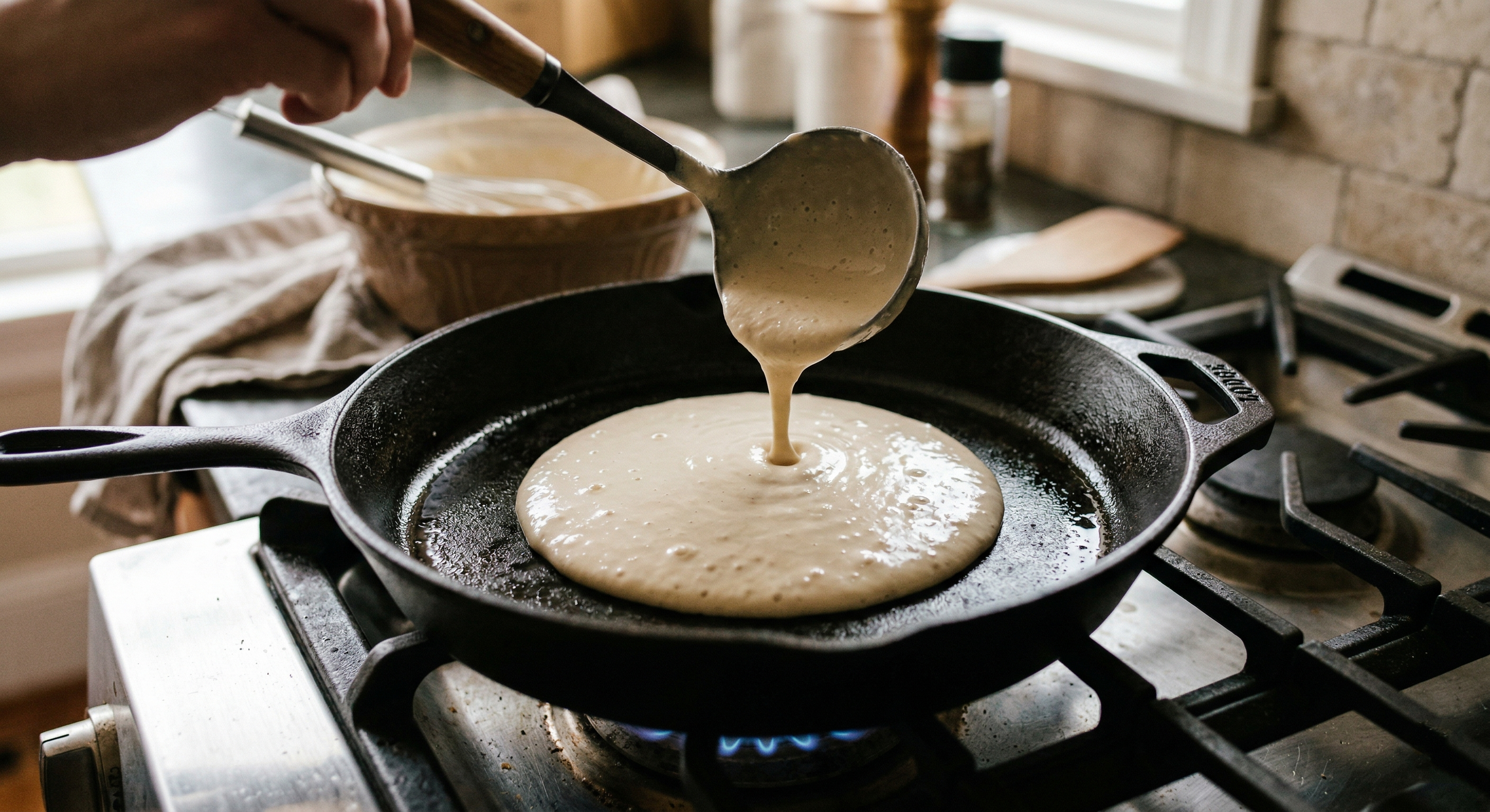 Правильно разогретая блинная сковорода — залог равномерного пропекания. Температура поверхности 180–200°C даёт золотистый цвет за счёт реакции Майяра.