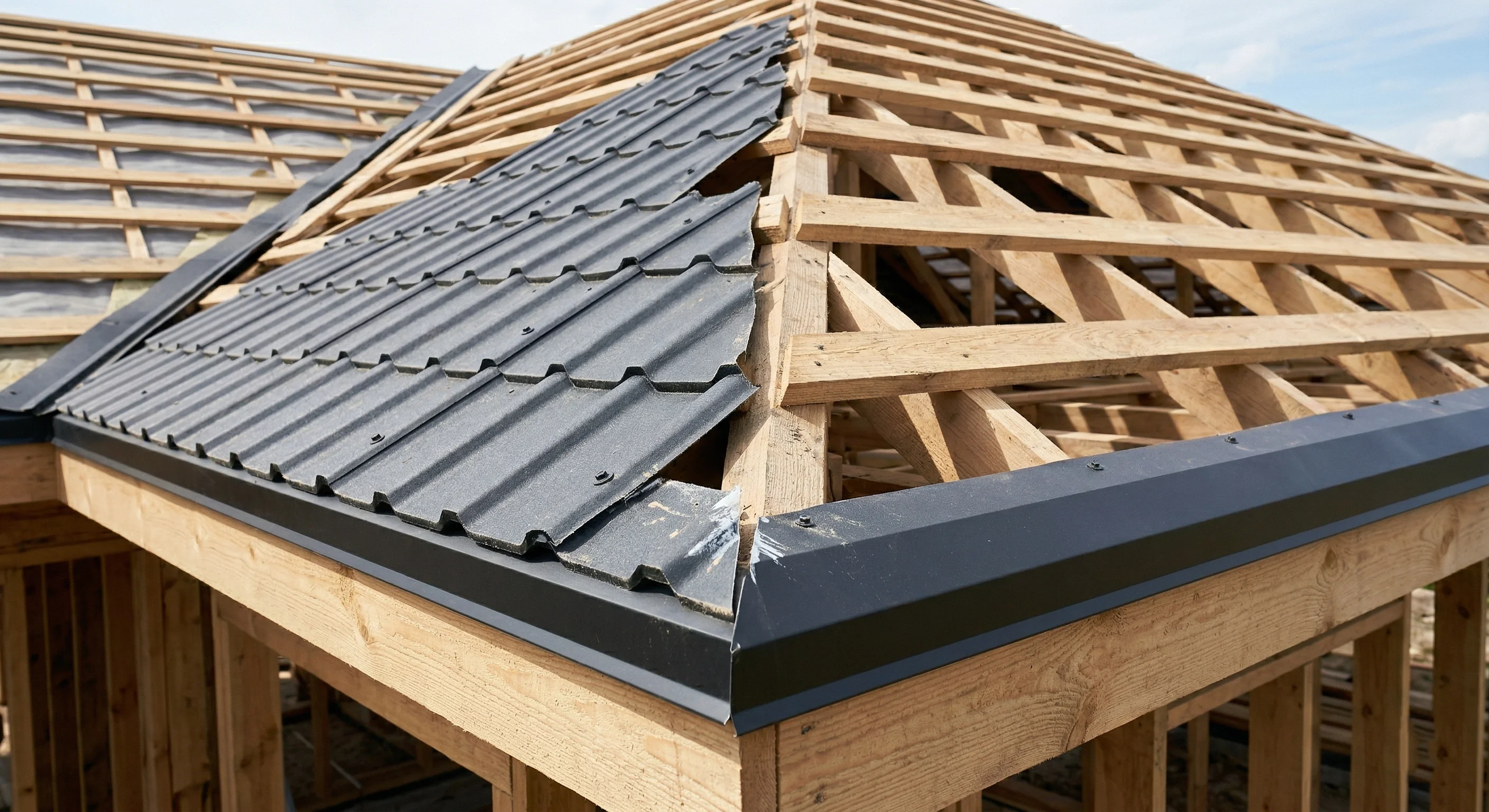 Монтаж карнизного капельника и свеса на стропильной системе вальмовой крыши — доборные элементы кровли требуют отдельного расчёта в погонных метрах.