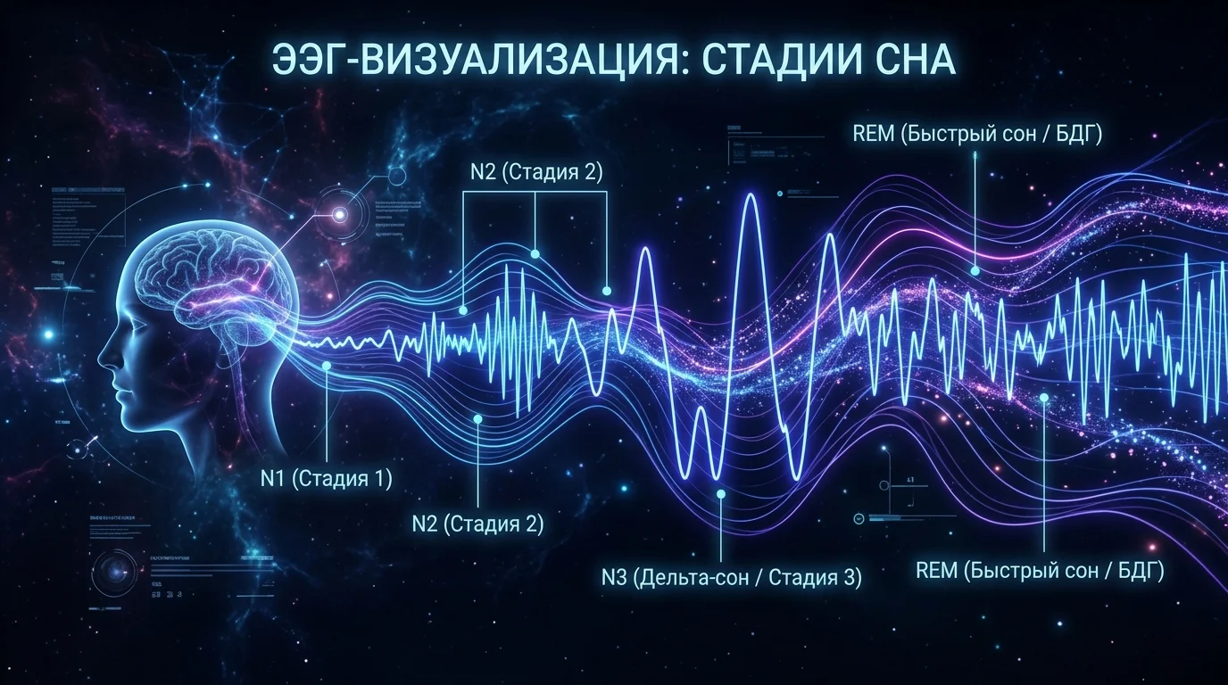 График фаз сна человека (гипнограмма): чередование глубокого и быстрого сна в течение 90-минутных циклов.