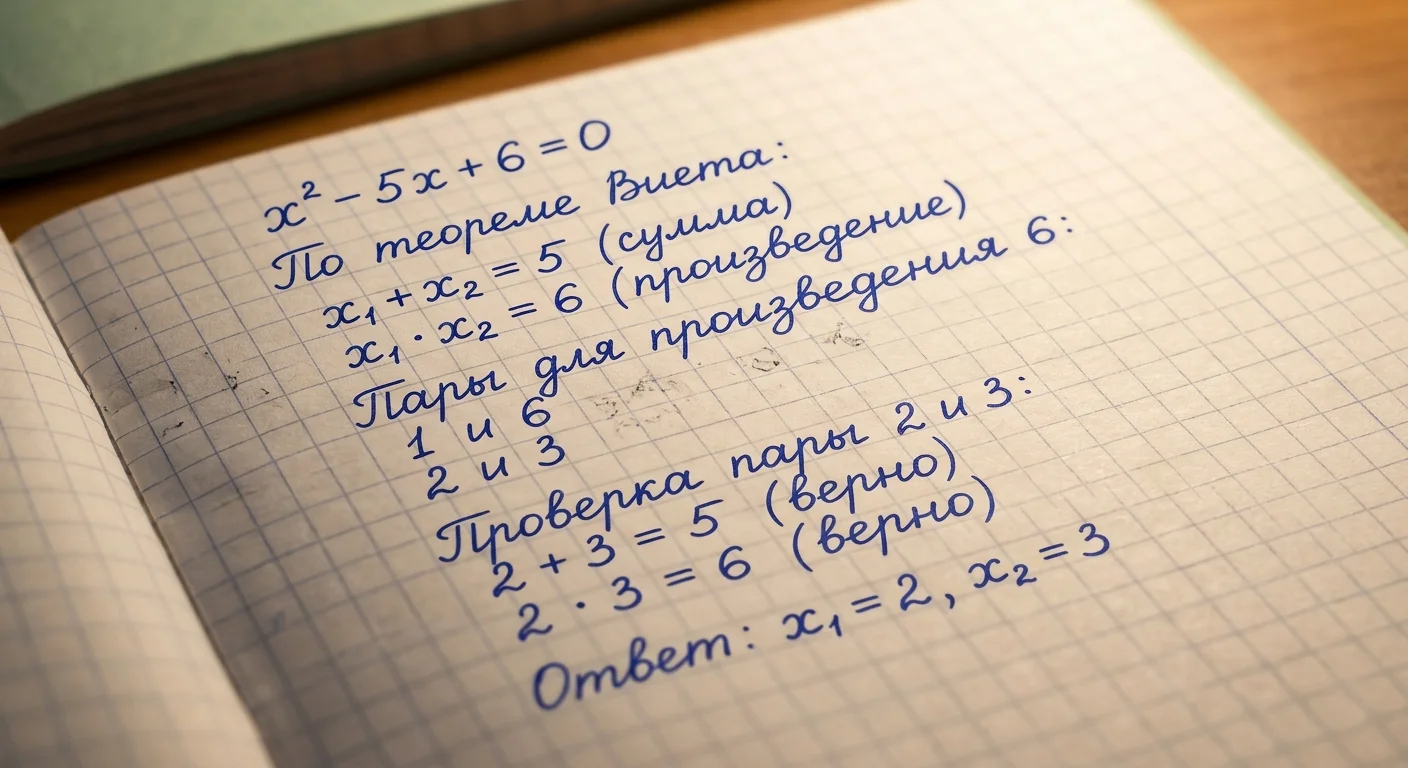 Школьная тетрадь с решением приведённого квадратного уравнения по теореме Виета.
