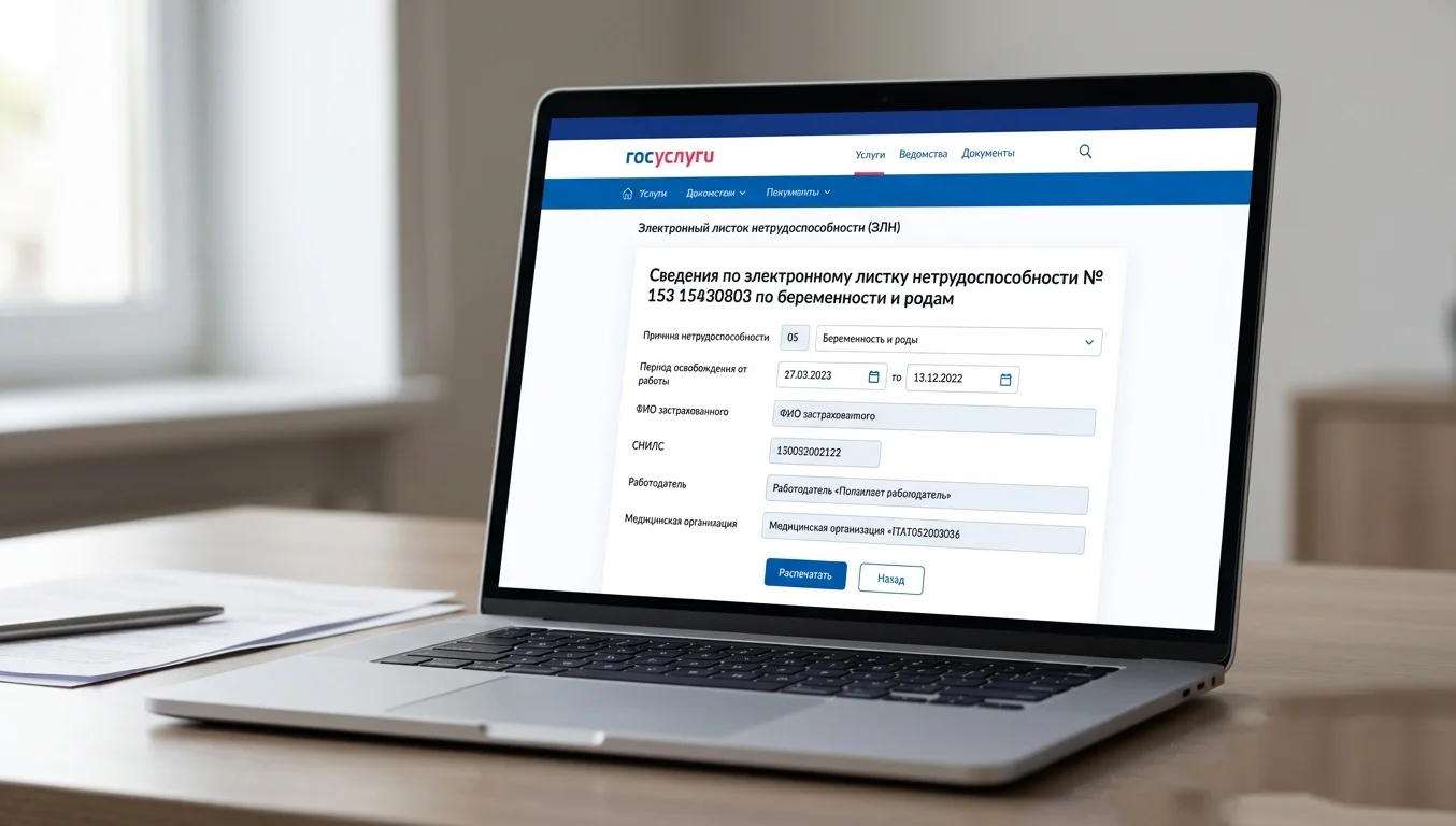 &nbsp;Электронный листок нетрудоспособности по беременности и родам на экране портала Госуслуг — с 2022 года ЭЛН полностью заменил бумажный больничный и передаётся в СФР автоматически.