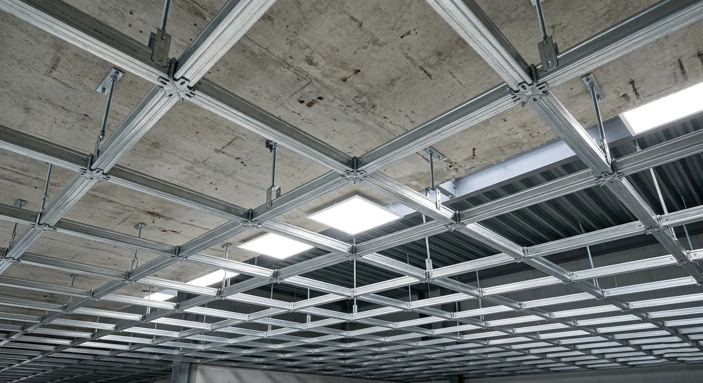 Монтаж металлокаркаса из профилей CD под гипсокартон на потолке с установкой прямых подвесов и одноуровневых соединителей