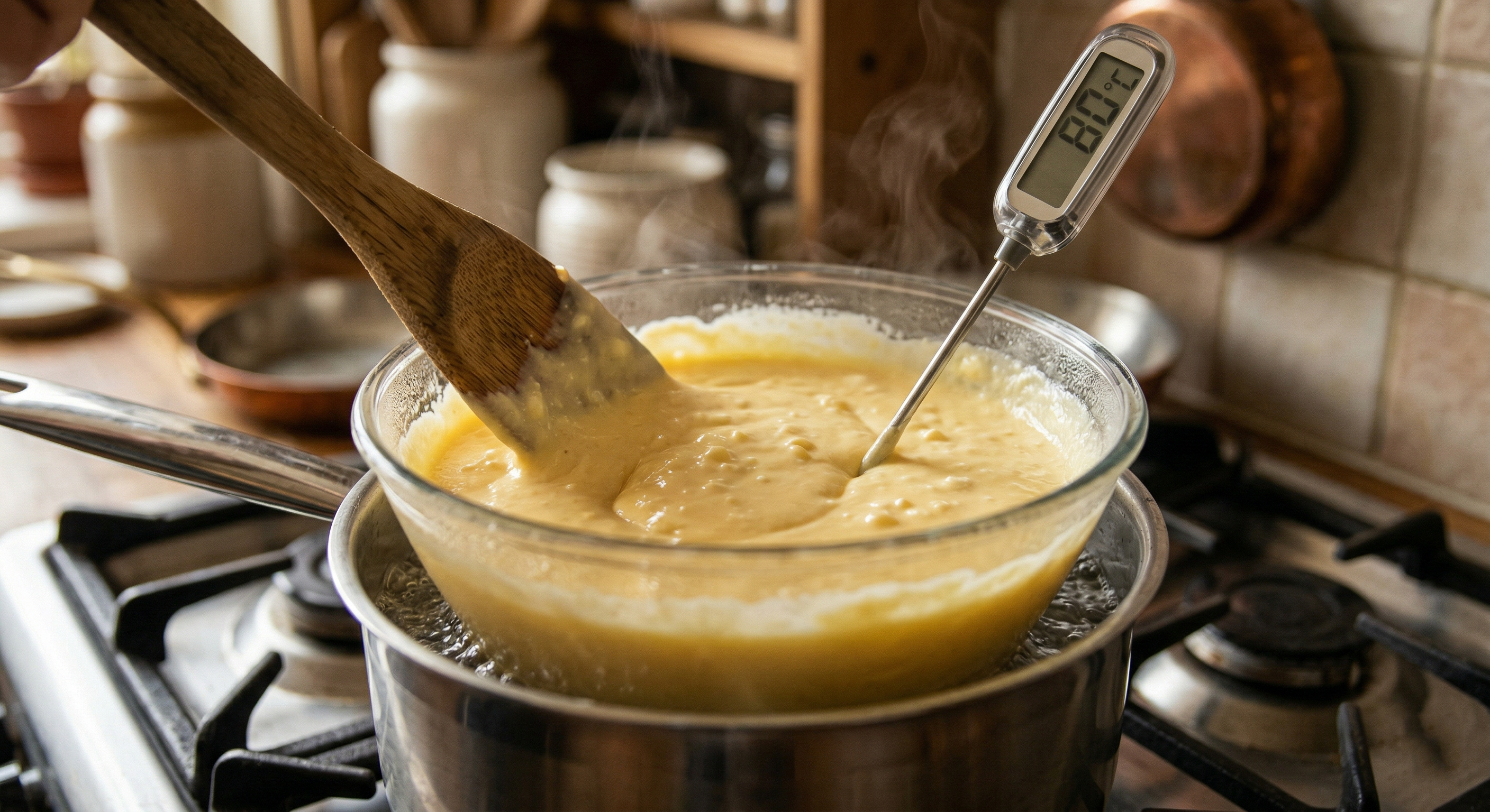 Заварная творожная пасха на водяной бане — контроль температуры желтков для правильной коагуляции и гладкой текстуры.